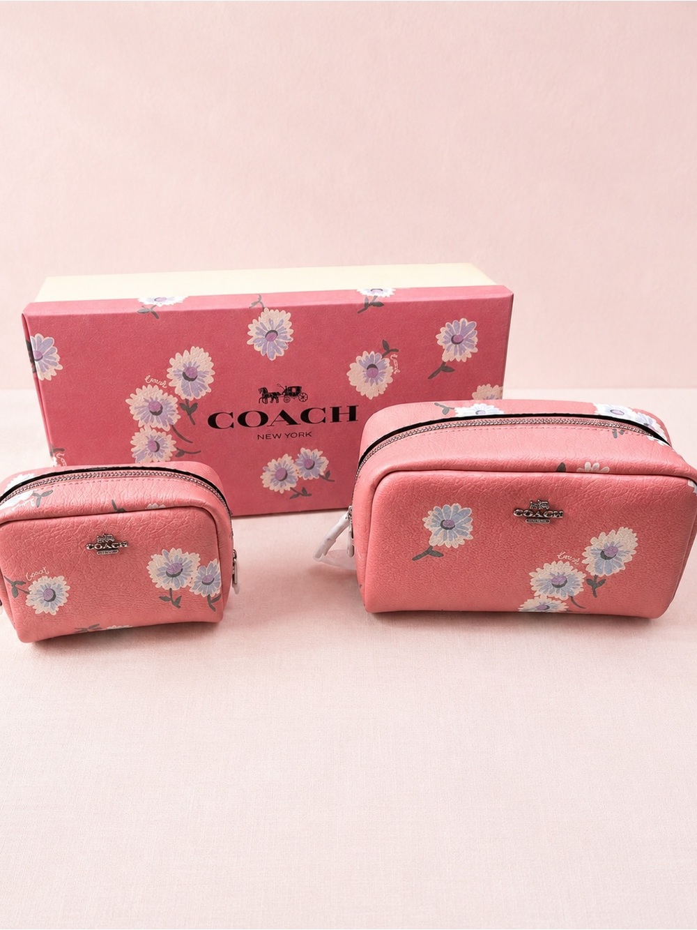 COACH Pink Floral Zip Cosmetic Case Duo